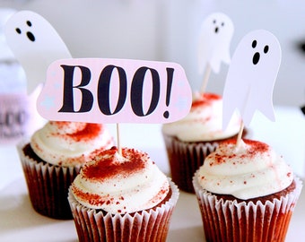 Ghost Boo cupcake toppers - Pink Halloween BOO-thday - Holographic stars - BOO is two - Costume party decor - Customizable - Printable