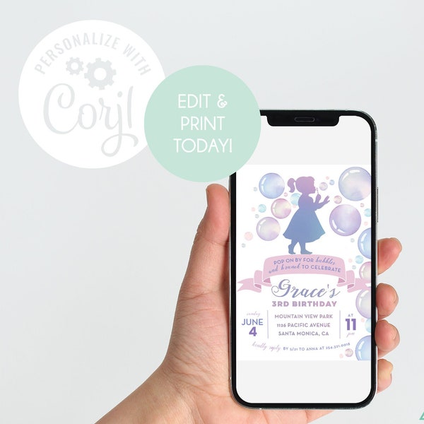 EDITABLE TEMPLATE - Bubbles and Brunch birthday invitation - Girl blowing bubbles - Pastel rainbow Iridescent Watercolor - Bubble party