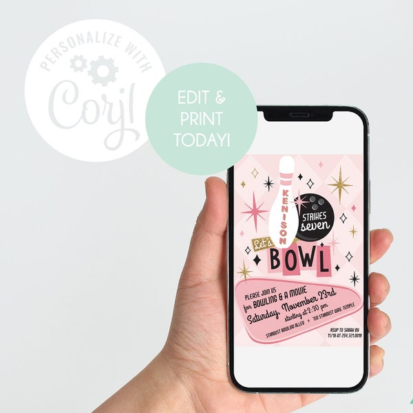 EDITABLE TEMPLATE -  Girl bowling birthday invitation - Pink bowling party - Black and white checkerboard - Pink and gold - Let's Bowl
