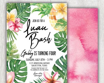 Printable tropical luau invitation - Tropical birthday - Pineapple Tropical Leaves Flowers - Watercolor - Aloha Baby Shower - Customizable