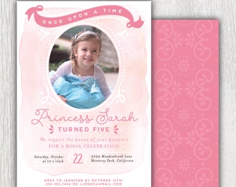 Printable Princess photo birthday invitation - Once upon a time - Royal birthday - Princess birthday party - Pink watercolor - Customizable