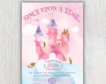 Printable Princess Castle birthday invitation - Once upon a time - Royal birthday - Princess birthday party - Pink watercolor - Customizable