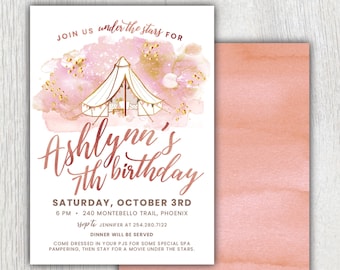 Printable Boho Under The Stars birthday invitation - Bell Tent - Movie Night - Spa Pampering party - Girl Birthday - Rose Gold- Customizable