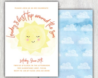 Printable First Trip Around the Sun birthday invitation - Smiling sun and clouds birthday party - Sunshine - First birthday - Customizable