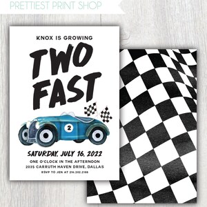 Two Fast racecar birthday invitation Second birthday party Watercolor vintage racecar Boy birthday Checkerboard Customizable image 1