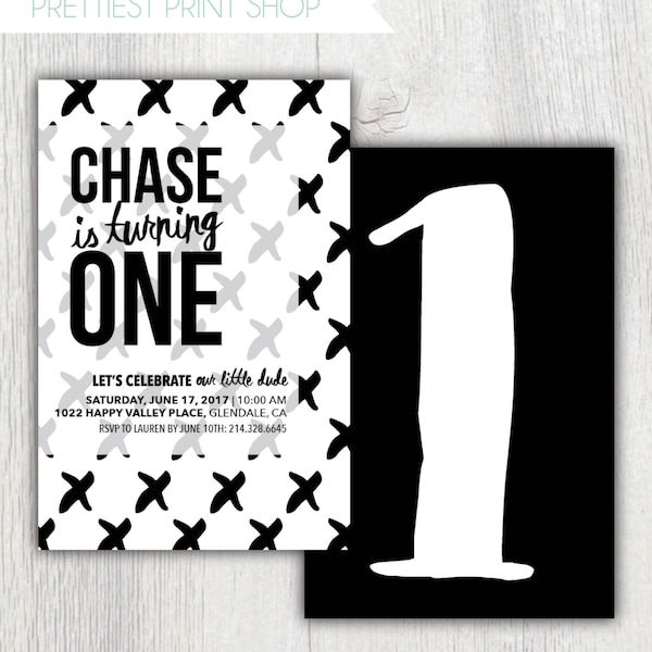 Printable monochrome birthday invitation - Black and white boys first birthday invitation - Little dude birthday party - Customizable