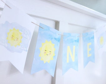 Sunshine birthday high chair banner - First trip around the sun - One - Pennant banner - Smiling sun and clouds - Customizable