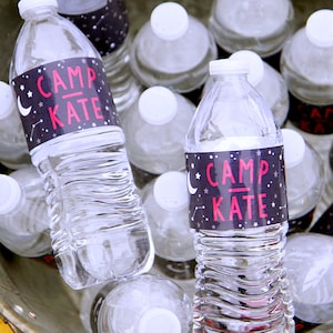 Camping water bottle labels - Under the stars movie night camp party decor - Moon Constellations Tent Campfire Campout Girls Glamping party