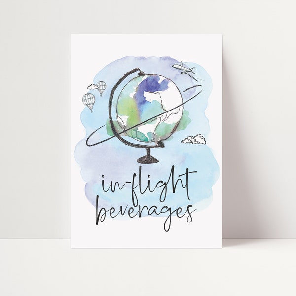 INSTANT DOWNLOAD In-flight beverages sign - What a ONEderful world - Globe - Hot air balloon - Airplane - Travel - First birthday