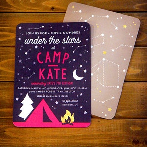Camping birthday invitation - Movie and S'mores under the stars - Constellations - Tent Campfire Campout - Girls Glamping party