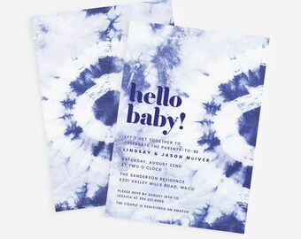 Tie Dye baby shower invitation - Hello Baby - Baby boy shower - Baby girl shower - Modern boho - Indigo Shibori - Customizable