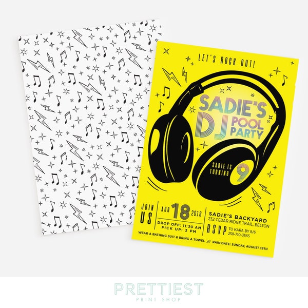 Music DJ invitation - Pool party - Doodles - Headphones - Silent dance party - Preteen birthday - Rock out - Teen dance party - rainbow