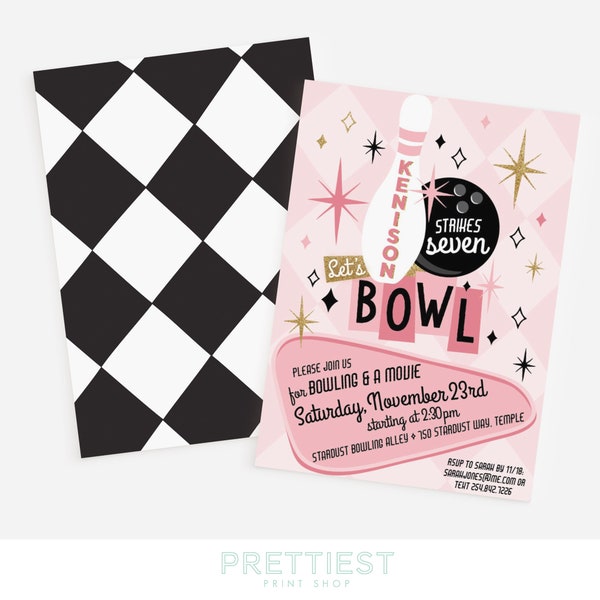 Girl bowling birthday invitation - Pink bowling party - Black and white checkerboard - Pink and gold - Let's Bowl - Customizable