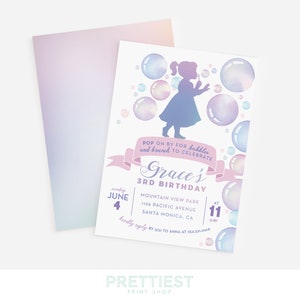 Bubbles birthday invitation - Bubbles and Brunch - Girl blowing bubbles - Iridescent - Watercolor - Bubble party - Pastel rainbow - 2nd