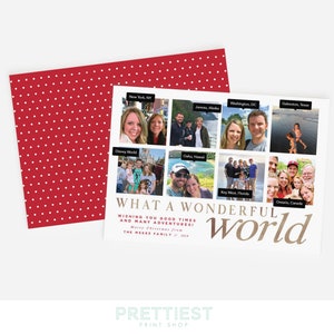 Travel-themed Christmas card with photos - What a wonderful world - Square Photo Grid with locations - Holiday card - Customizable