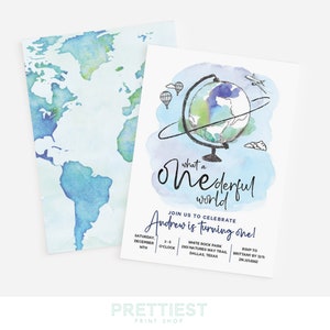 ONEderful birthday invitation - What a ONEderful world party - Globe Hot air balloon Airplane Travel First birthday - Customizable