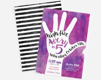 5th birthday invitation - High Five party - Watercolor invitation - Fifth Birthday party - Black stripes - Pink Purple watercolor