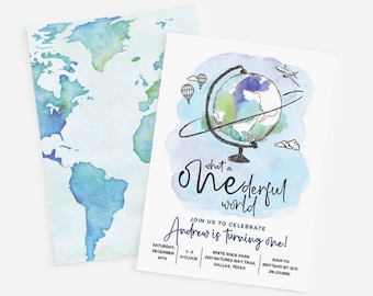 ONEderful birthday invitation - What a ONEderful world party - Globe Hot air balloon Airplane Travel First birthday - Customizable