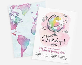 ONEderful birthday invitation - What a ONEderful world party - Globe Hot air balloon Airplane Travel First birthday - Customizable