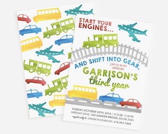 Transportation birthday invitation - Planes, trains and automobiles boy birthday invitation - Things that go party - Customizable