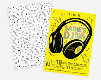 Music DJ invitation - Pool party - Doodles - Headphones - Silent dance party - Preteen birthday - Rock out - Teen dance party - rainbow