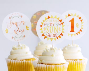 You are my Sunshine cupcake toppers - Sunshine lemonade summer first birthday - Bridal Baby shower party circles - Customizable