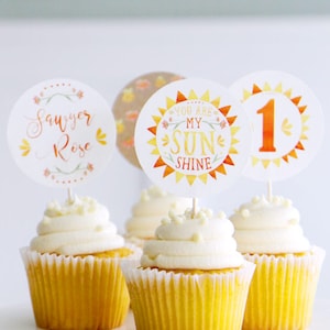 You are my Sunshine cupcake toppers Sunshine lemonade summer first birthday Bridal Baby shower party circles Customizable image 1