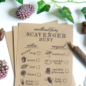 Printable Scavenger Hunt sheets - Nature scavenger hunt checklist - Woodland Fairy Enchanted Forest birthday party games - Customizable