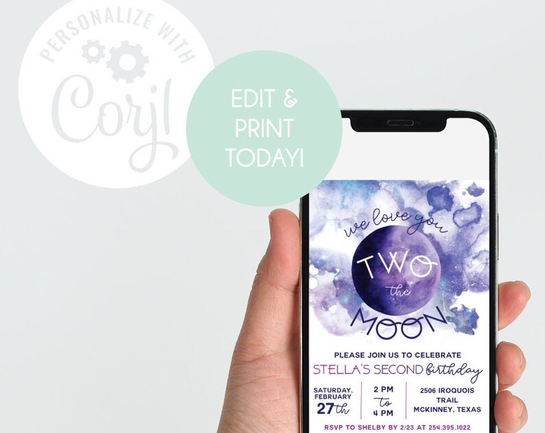 EDITABLE TEMPLATE Two The Moon birthday invitation Galaxy birthday party Moon stars constellations outer space Second