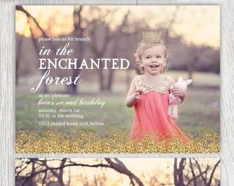 Printable gold glitter invitation with photo -  Pink and gold - Enchanted forest - Princess party - Birthday invitation - Customizable