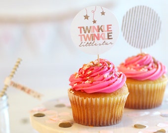 Printable cupcake toppers - Party circles - Favor tags - Twinkle Twinkle Little Star - Pink and gold - Birthday party - Shower