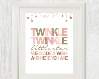 Printable party sign - Girl nursery decor - Twinkle Twinkle Little Star - We made a wish and here you are - Pink and gold glitter - Shower