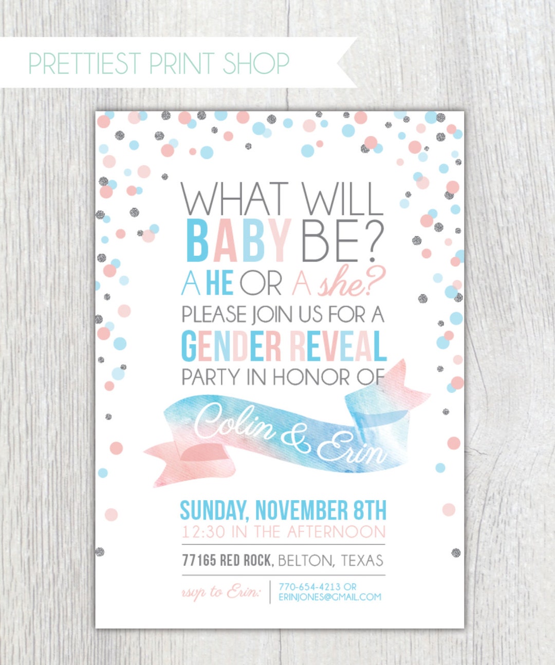 Printable Confetti Gender Reveal Invitation Blue, Pink and Silver