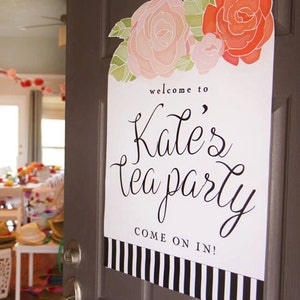 Printable tea party welcome sign - Floral - Black and white stripes - Birthday party - Bridal shower - Baby shower - Customizable