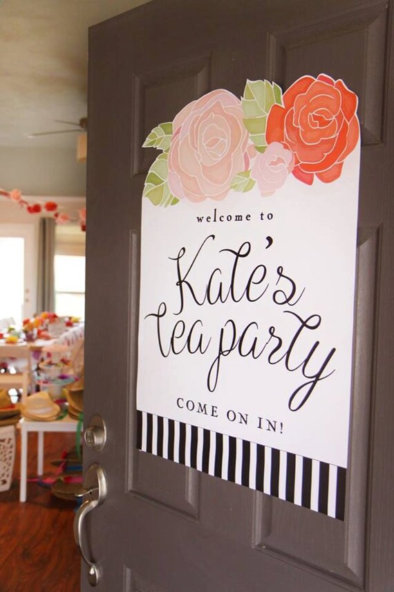 Printable tea party welcome sign - Floral - Black and white stripes - Birthday party - Bridal shower - Baby shower - Customizable Il_570xn