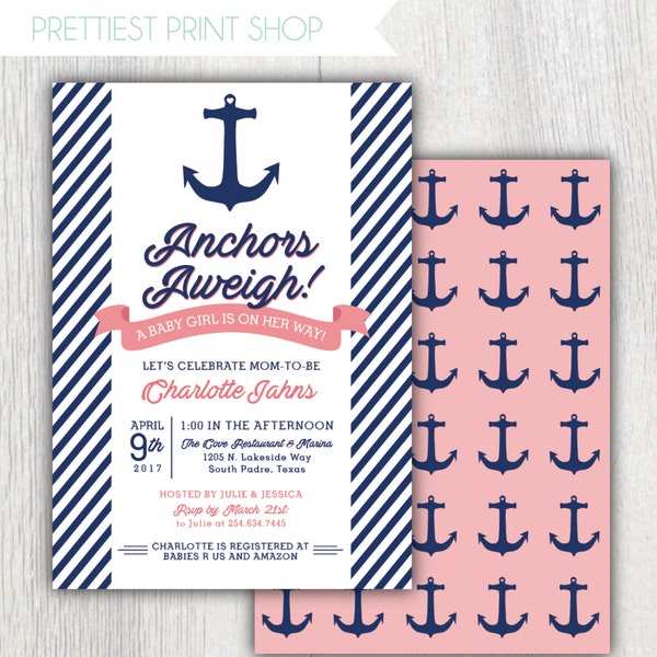 Printable Nautical Baby Shower invitation - Anchors Aweigh - Navy stripes - Coral - Anchor - Baby Girl Shower - Nautical party Customizable