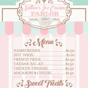 Printable Ice Cream Parlor menu Sweet Shop Pink Mint Ice cream Custom party menu Ice cream shop birthday party Customizable image 3