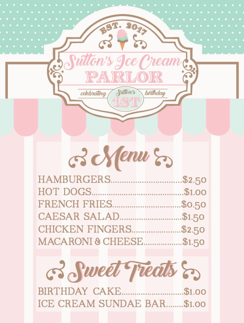 Printable Ice Cream Parlor menu Sweet Shop Pink Mint Ice cream Custom party menu Ice cream shop birthday party Customizable image 3