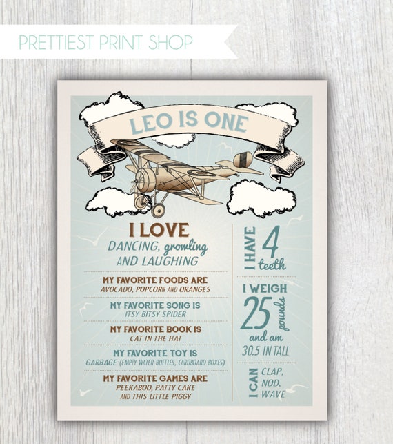 Birthday facts poster - Vintage airplane stats poster - Up up and away - Transportation - First birthday stats - Milestone memory poster Il_570xn