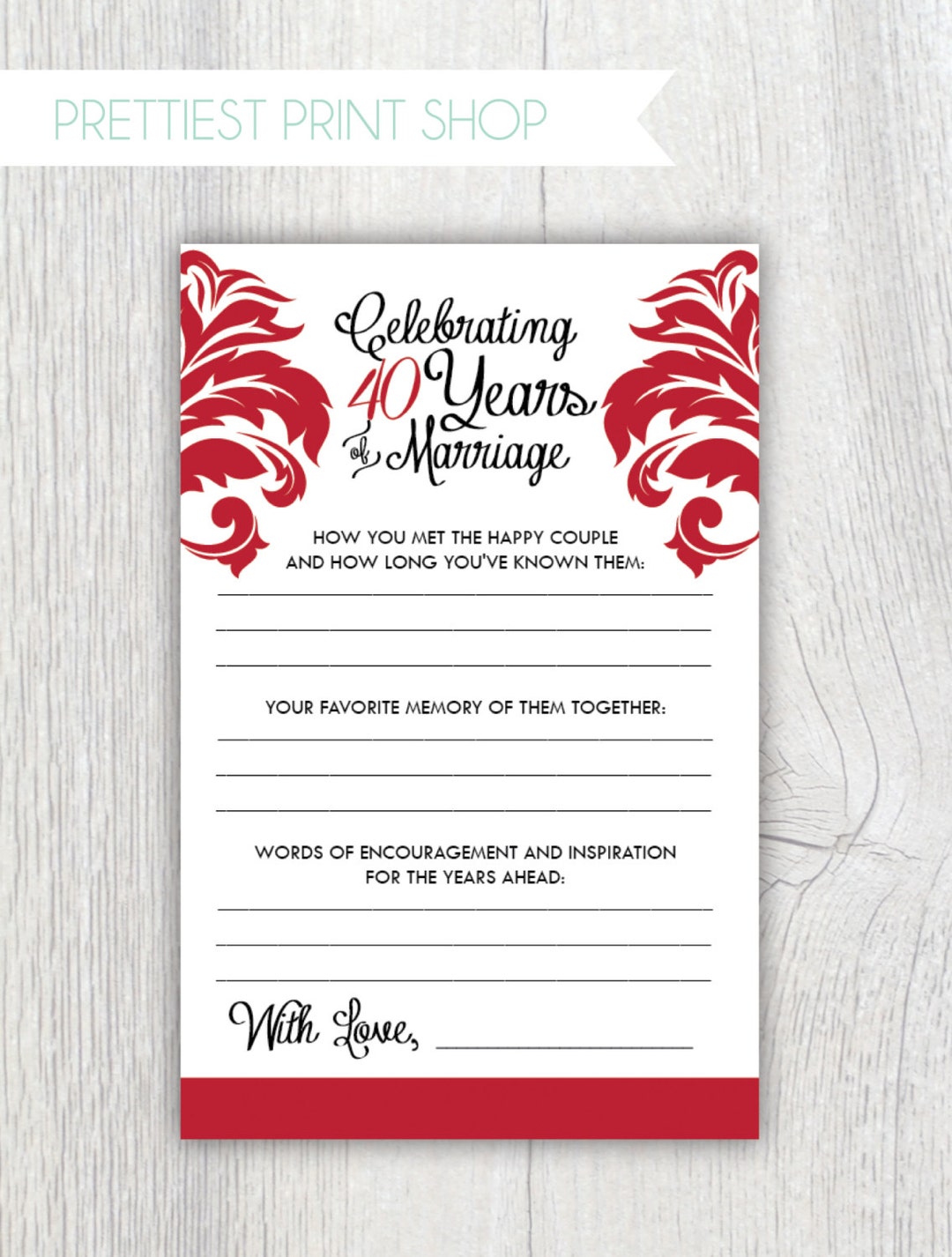 Printable Anniversary Party Sheets Damask 40th Anniversary Ruby Red ...