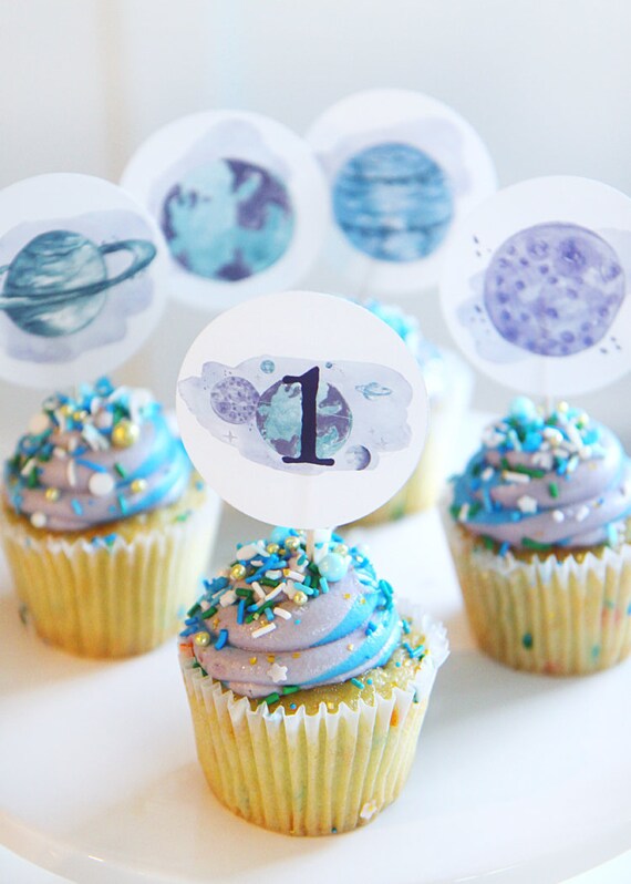 Outer space birthday cupcake toppers - First trip around the sun - Galaxy party decor - Planets - Saturn - Earth - Customizable - Printable Il_570xn