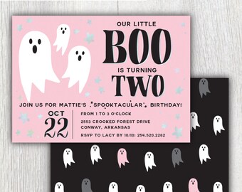 Printable pink halloween birthday invitation - Our Little BOO is turning Two - Ghost BOO-thday - Holographic stars - Halloween Customizable