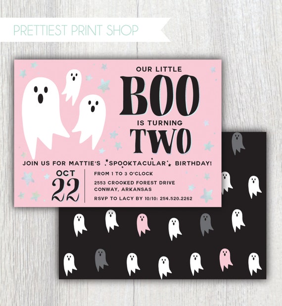 Printable pink halloween birthday invitation - Our Little BOO is turning Two - Ghost BOO-thday - Holographic stars - Halloween Customizable Il_570xn