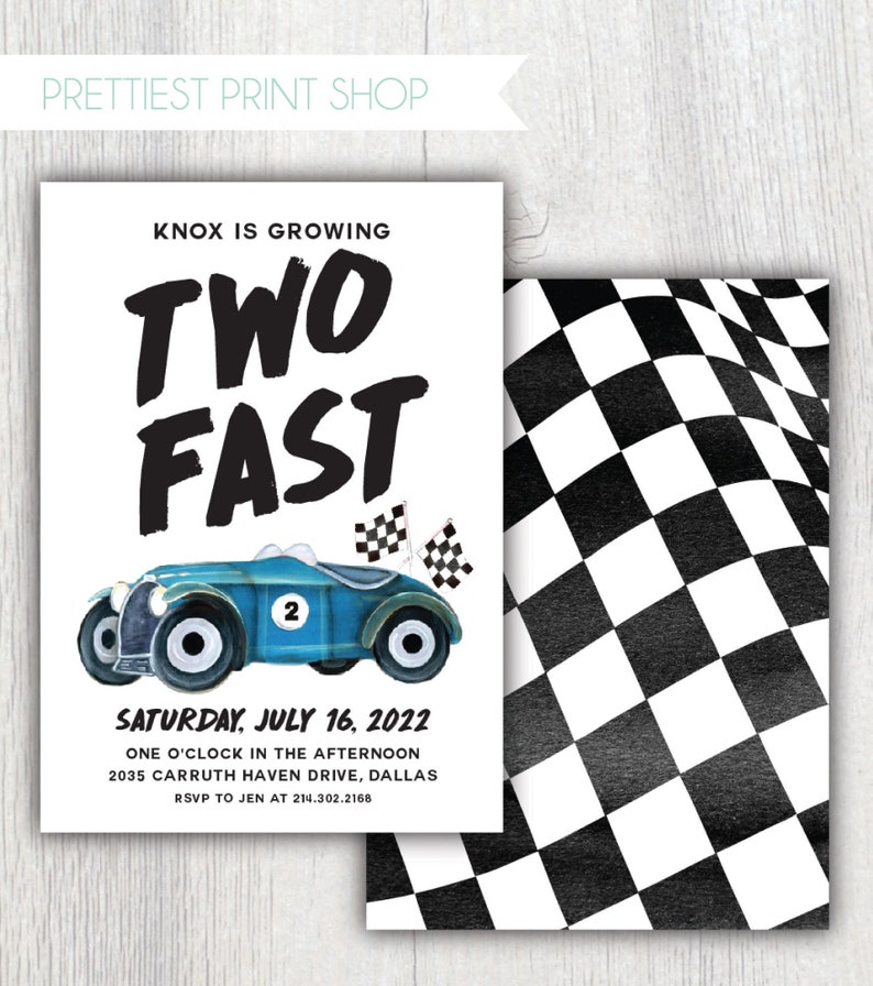 Two Fast racecar birthday invitation Second birthday party Watercolor vintage racecar Boy birthday Checkerboard Customizable image 1