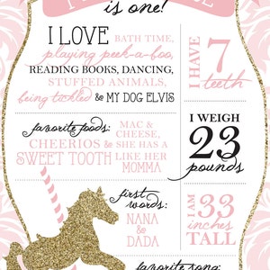 Birthday facts photo poster Pink and gold carousel party First birthday Birthday stats image 2