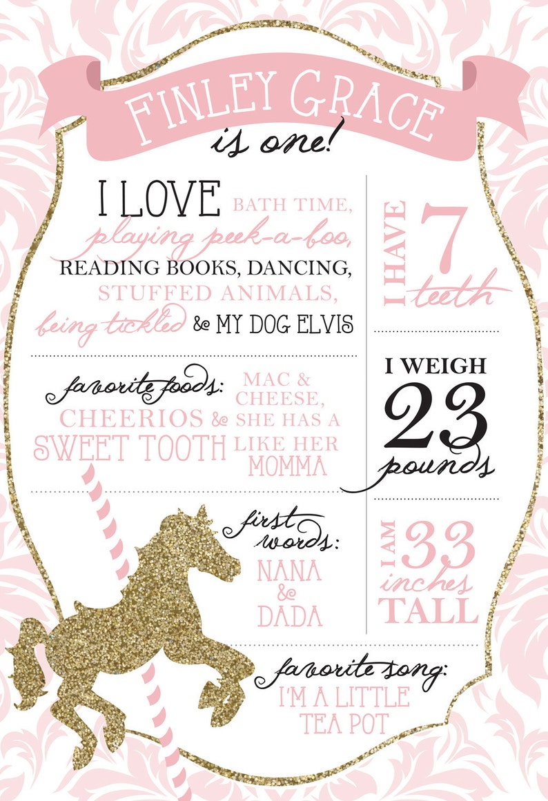 Birthday facts photo poster Pink and gold carousel party First birthday Birthday stats image 2