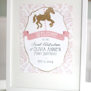 Printable pink and gold carousel welcome sign First birthday Girls birthday Customizable image 3