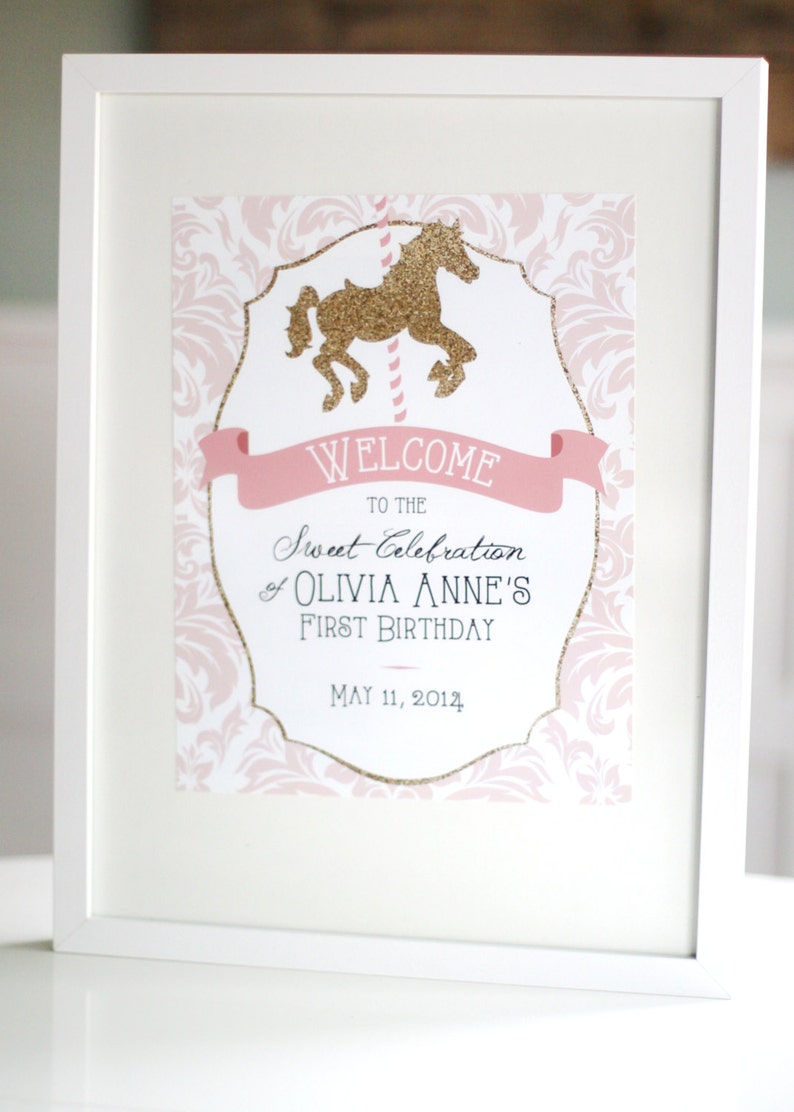 Printable pink and gold carousel welcome sign First birthday Girls birthday Customizable image 3