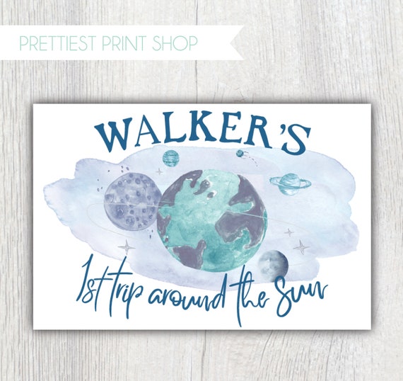 Printable outer space backdrop poster - First trip around the sun - Birthday Party sign - Galaxy Planets Earth Saturn - Customizable Il_570xn