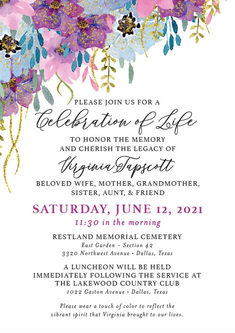 Celebration of Life Invitation Funeral Announcement Etsy